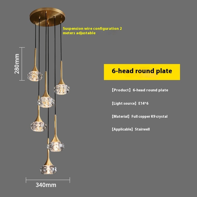 Copper Rotating Stairs Simple Modern Light Luxury Crystal Chandelier