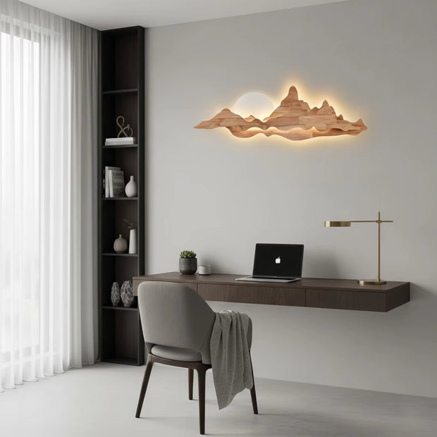 Stylish Sunrise Tianshan Mountain LED Wall Lamp - Modern Wooden Sconce for Living Room & Bedroom Decor