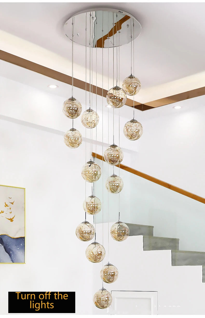 Modern LED Glass Ball Dimmable Chandelier Staircase Lustre Living Room Chandelier Lustre Home Decoration Ceiling Chandelier