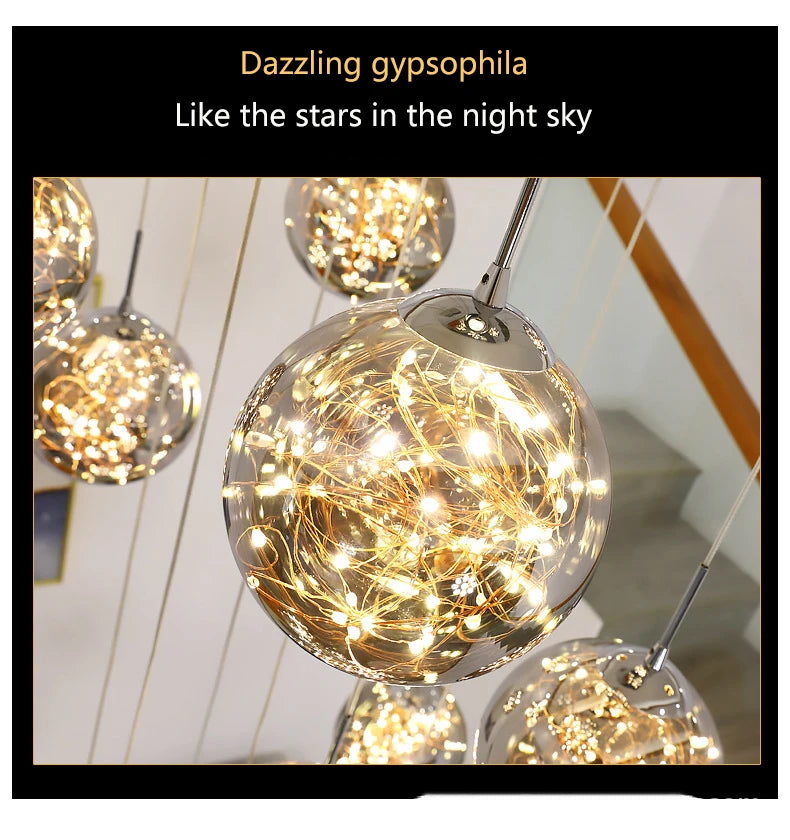 Modern LED Glass Ball Dimmable Chandelier Staircase Lustre Living Room Chandelier Lustre Home Decoration Ceiling Chandelier