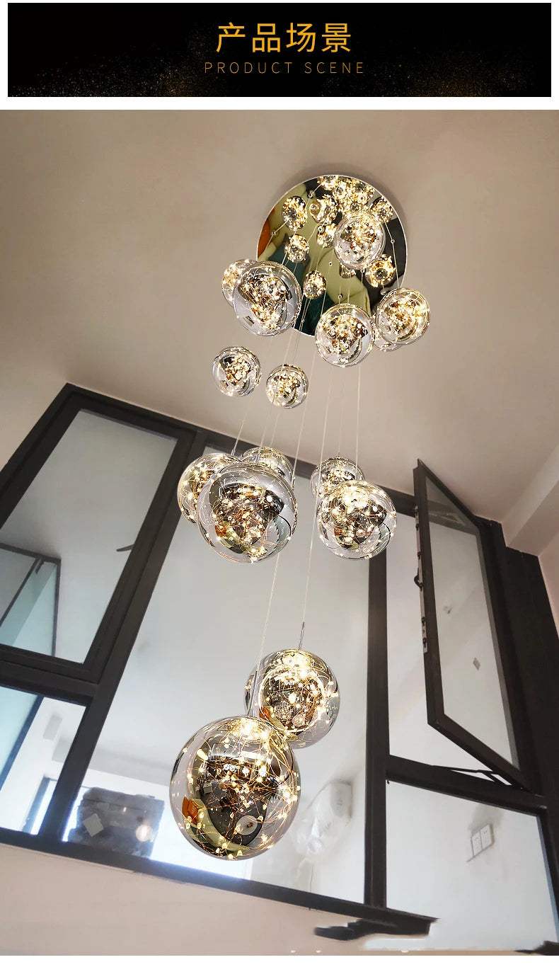 Modern LED Glass Ball Dimmable Chandelier Staircase Lustre Living Room Chandelier Lustre Home Decoration Ceiling Chandelier