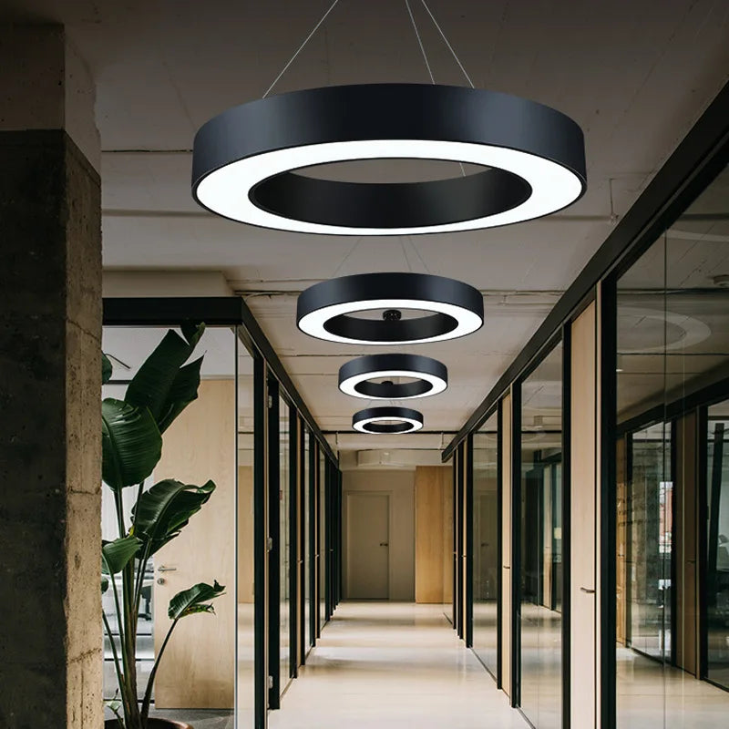 Modern Iron Art Circle Pendant Lights Minimalism Black White Metal Led Ring Light Office Living Room Decor Hanging Lamp Fixtures