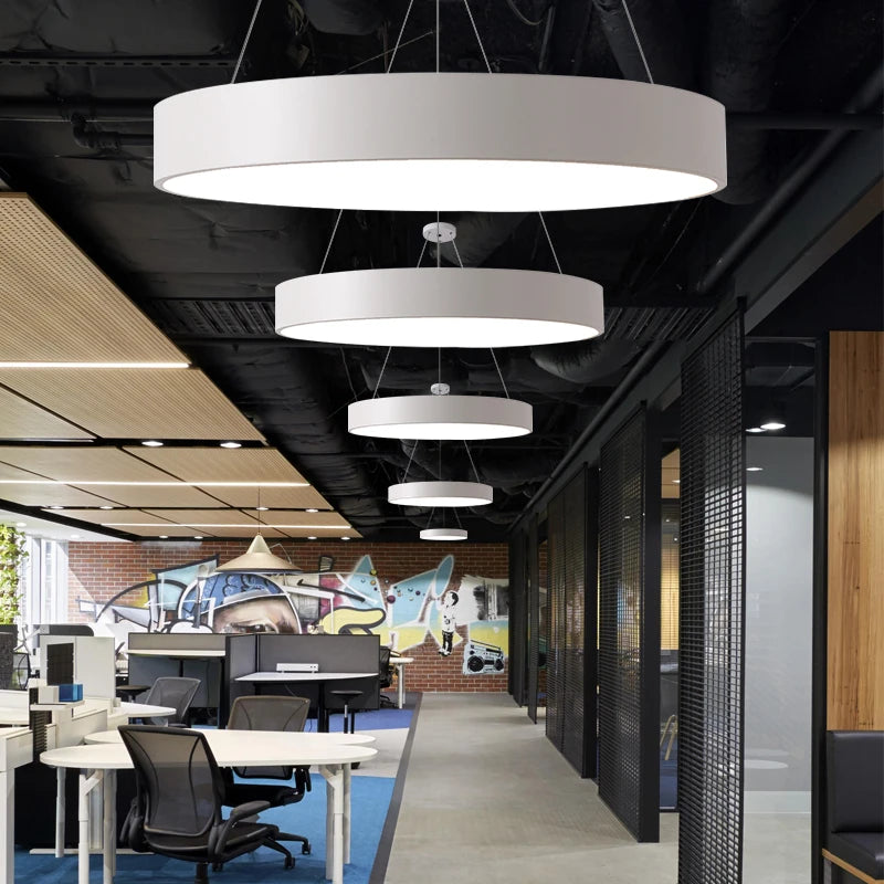 Modern Iron Art Circle Pendant Lights Minimalism Black White Metal Led Ring Light Office Living Room Decor Hanging Lamp Fixtures