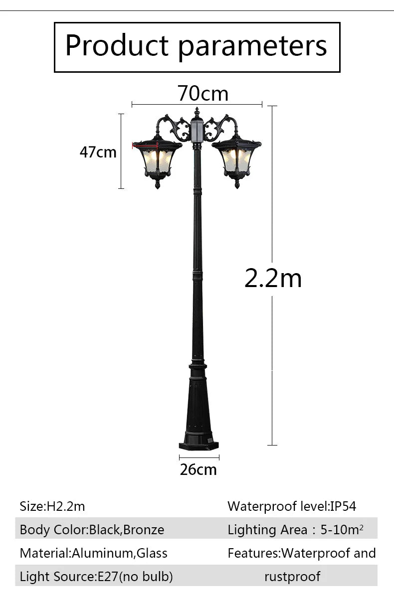 LED Street Lamp European Style Retro Waterproof Garden Lamp Outdoor Villa Lawn Community High Pole Landscape Lamp Street Light