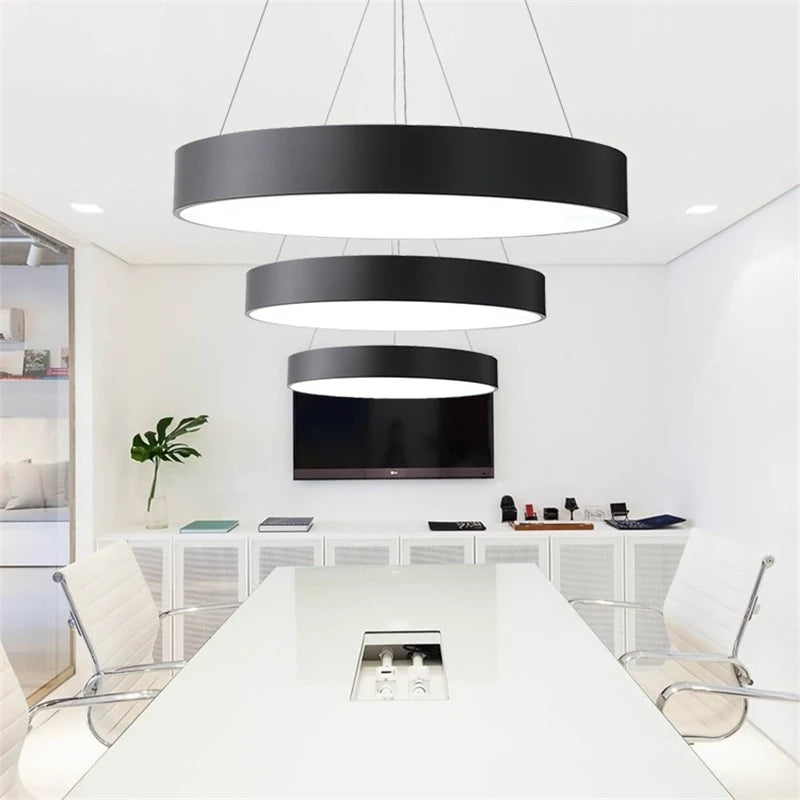 Modern Iron Art Circle Pendant Lights Minimalism Black White Metal Led Ring Light Office Living Room Decor Hanging Lamp Fixtures