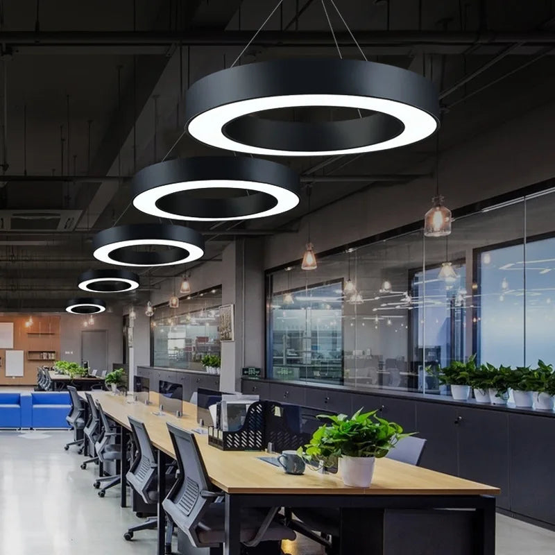 Modern Iron Art Circle Pendant Lights Minimalism Black White Metal Led Ring Light Office Living Room Decor Hanging Lamp Fixtures