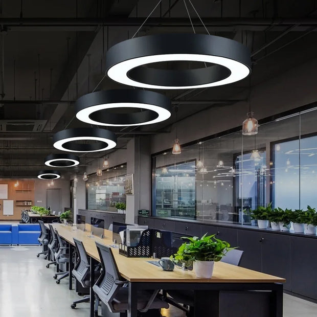 Modern Iron Art Circle Pendant Lights Minimalism Black White Metal Led Ring Light Office Living Room Decor Hanging Lamp Fixtures
