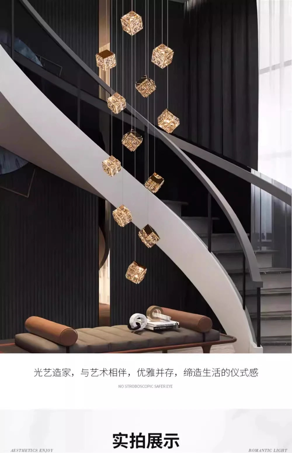 Stair chandelier long chandelier Rubik's cube creative personality light crystal lamp duplex villa loft apartment