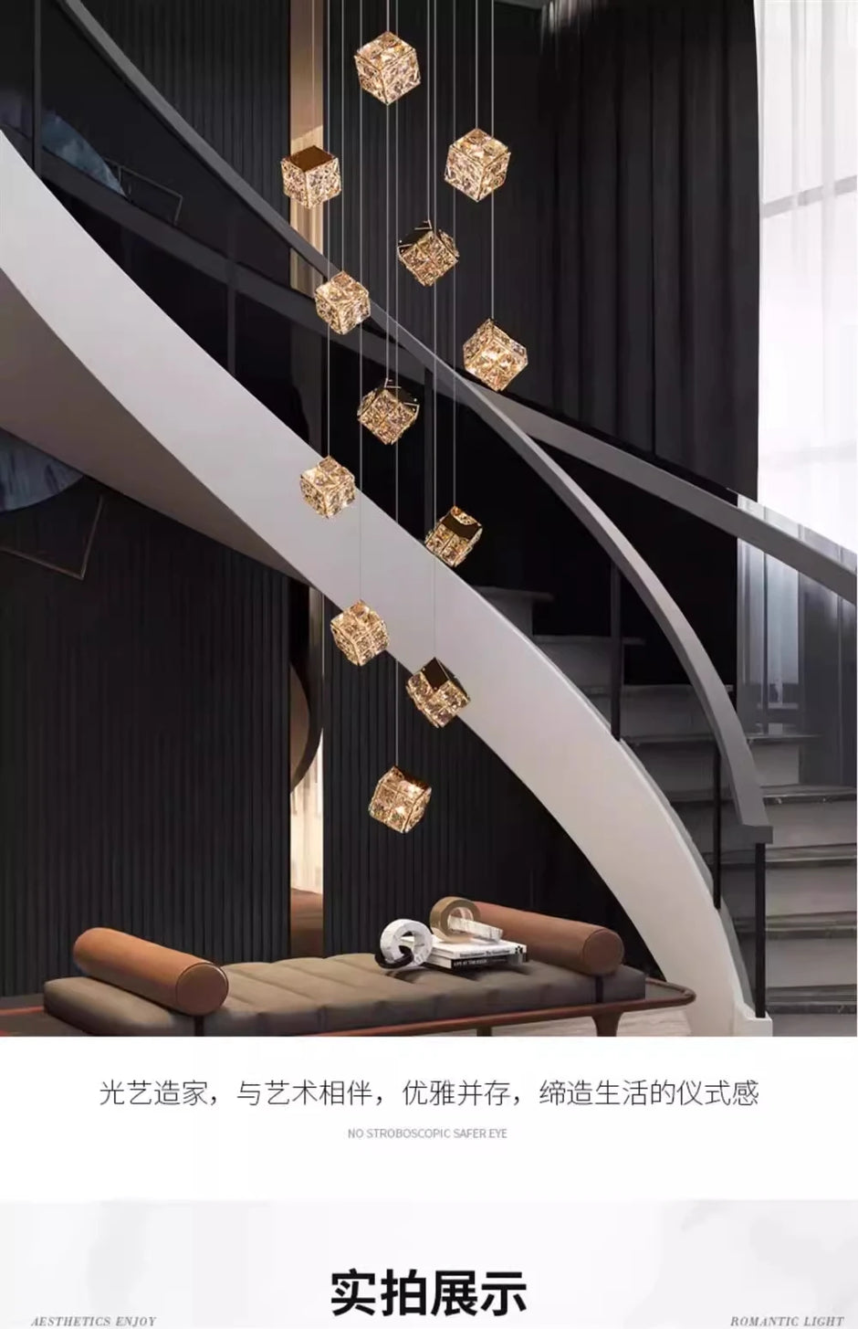 Stair chandelier long chandelier Rubik's cube creative personality light crystal lamp duplex villa loft apartment