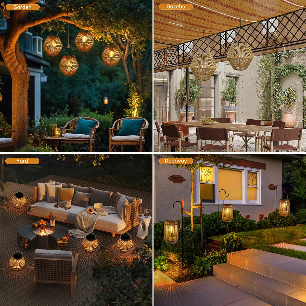 Outdoor Solar Rattan Lanterns, Waterproof Hanging Boho Solar Lights for Garden, Patio, Yard, Porch Decorative Lighting