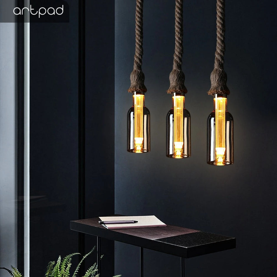 Retro Rustic Hanging Light for Bar Restaurant Decoration Hemp Rope Pendant Light E27 Bulb Glass Lampshade