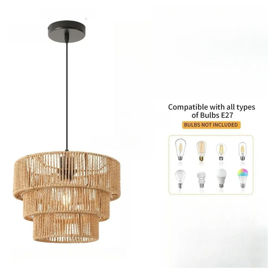 Handmade Natural Hemp Rope Chandelier Lamp Household Wood Woven Light for Homestay Cafe Bar Hotel Teahouse Indoor Decor Light