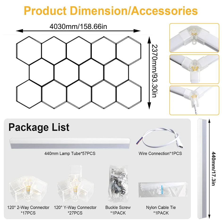 Garage honeycomb hexagonal LED white light super bright 6500K color temperature installed on the ceiling, suitable for garages