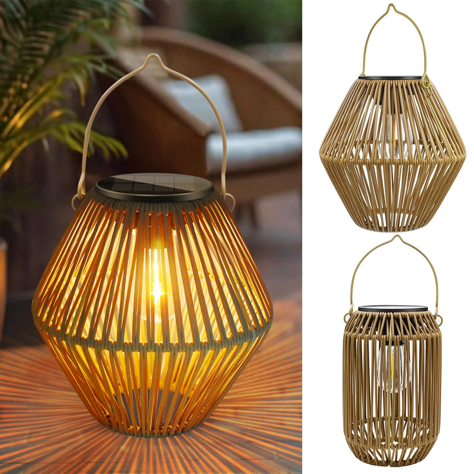Outdoor Solar Rattan Lanterns, Waterproof Hanging Boho Solar Lights for Garden, Patio, Yard, Porch Decorative Lighting