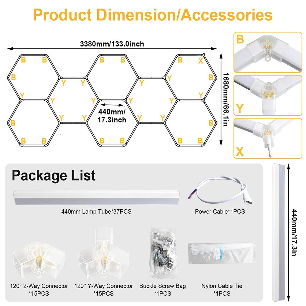 Garage honeycomb hexagonal LED white light super bright 6500K color temperature installed on the ceiling, suitable for garages