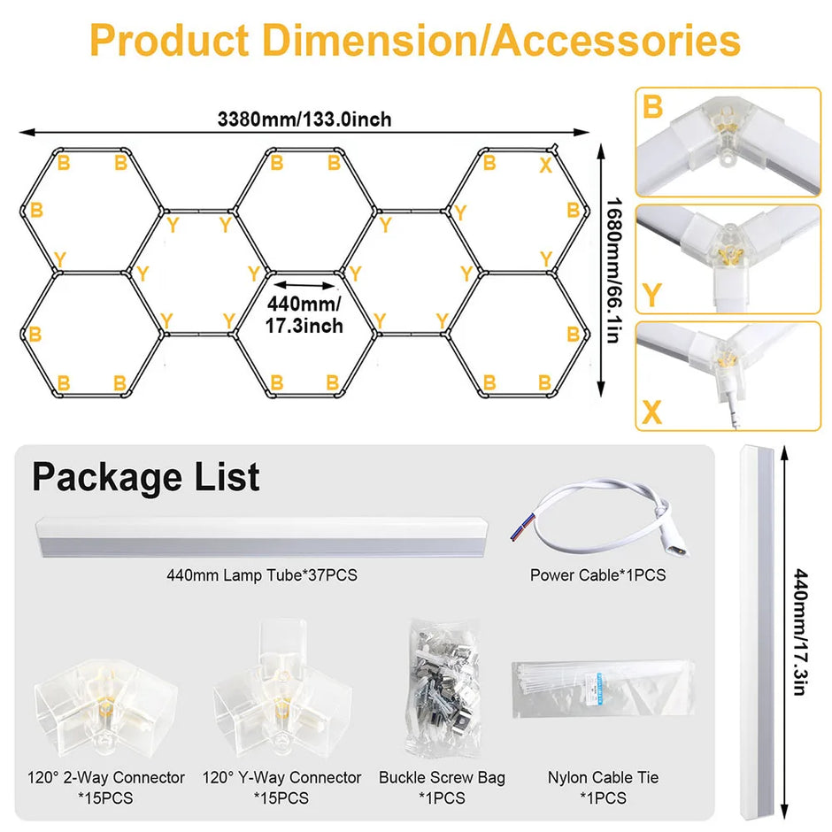 Garage honeycomb hexagonal LED white light super bright 6500K color temperature installed on the ceiling, suitable for garages