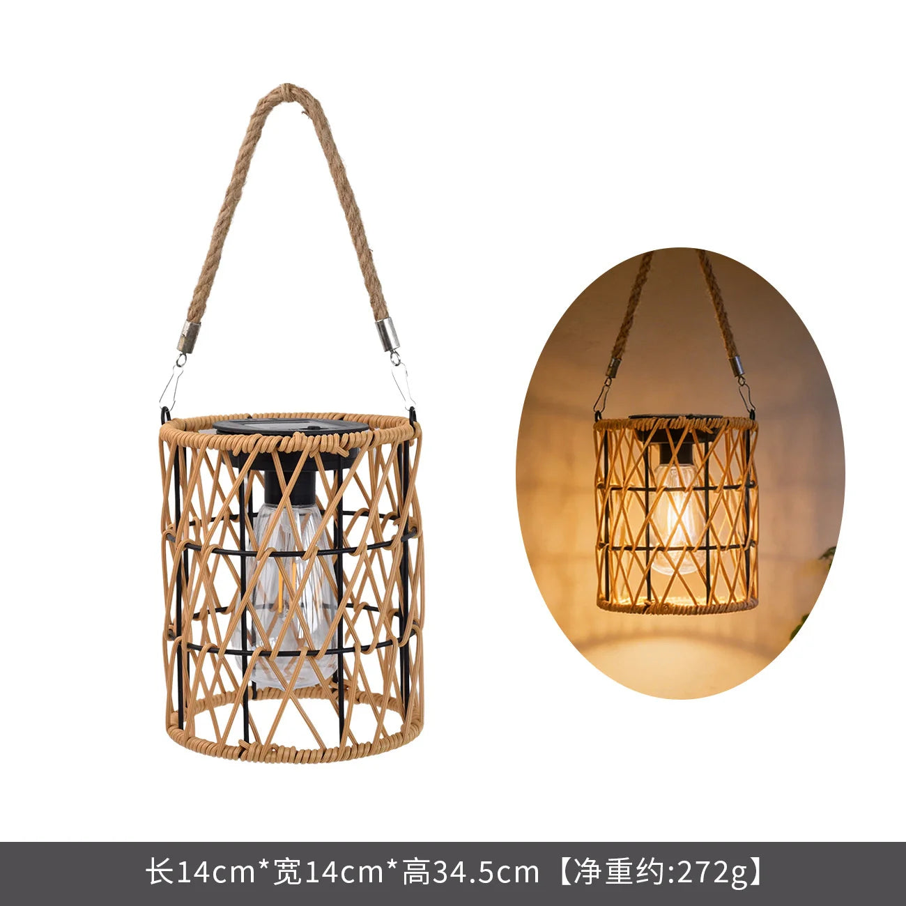 Solar Iron Rattan Outdoor Hanging Lamp Bamboo Pendant Light Warm Ambient Night Glow Garden Patio Balcony Home For Couples