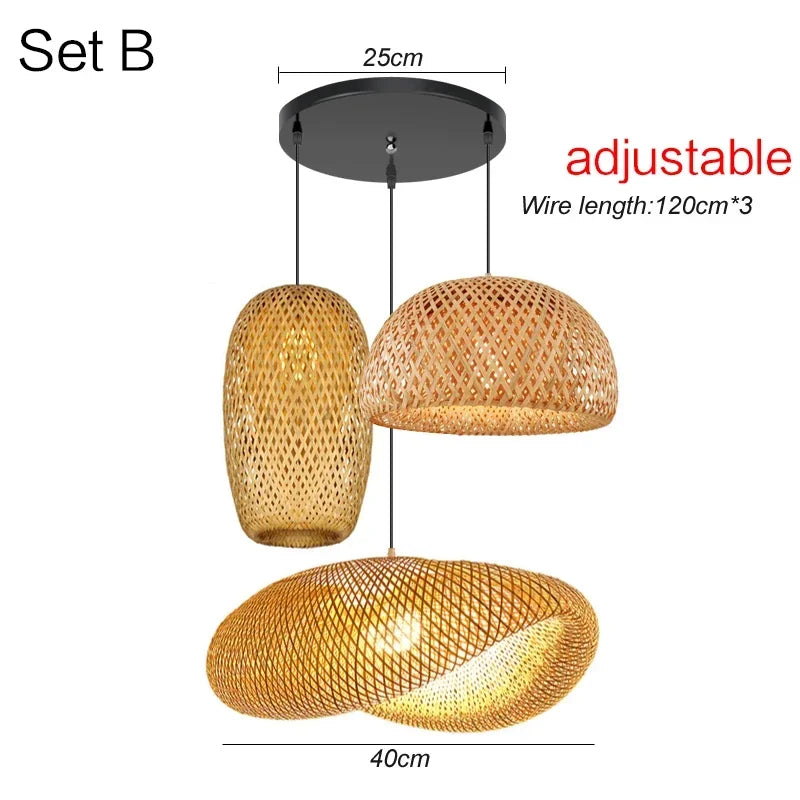 Japanese Chandelier Natural Bamboo Rattan Pendant Lights Handmade Weaving Hanging Lamps Wicker Shades E27 Lighting Suspension