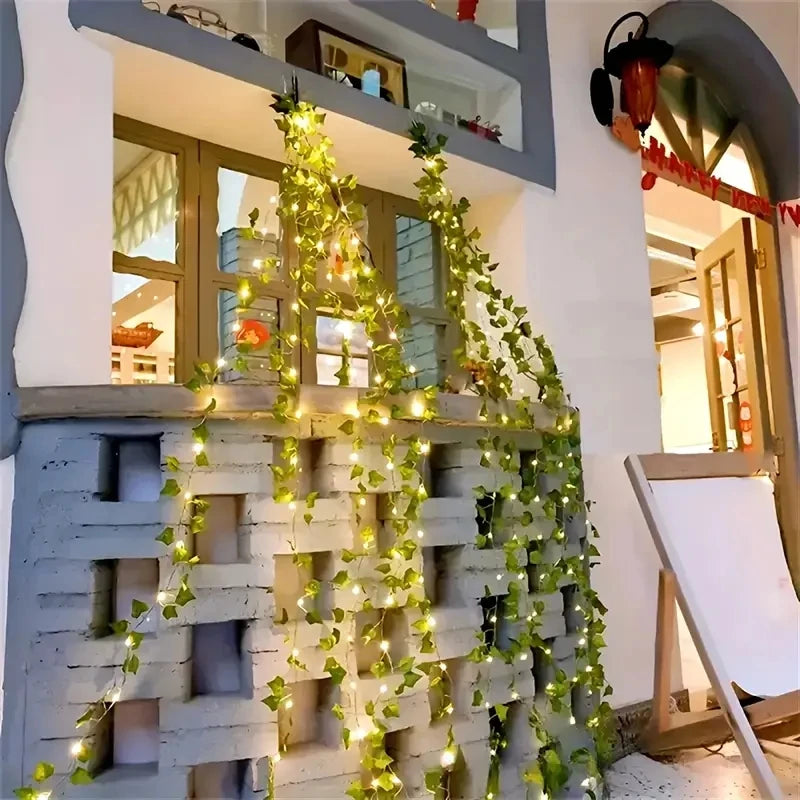 Solar LED Simulated Green Leaf Vine Copper Wire Light Courtyard Balcony Fence Wall Atmosphere Decoration IP44 Outdoor light