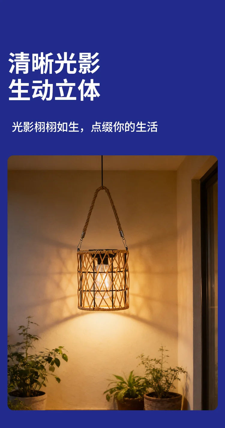 Solar Iron Rattan Outdoor Hanging Lamp Bamboo Pendant Light Warm Ambient Night Glow Garden Patio Balcony Home For Couples