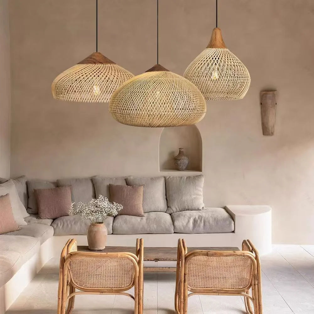 Japanese Wabi-Sabi Rattan Pendant Light - Hand-Woven E27 Boho Lamp for Restaurant Coffee Shop Dining Room Kitchen Island