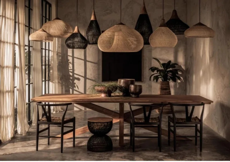 Japanese Wabi-Sabi Rattan Pendant Light - Hand-Woven E27 Boho Lamp for Restaurant Coffee Shop Dining Room Kitchen Island