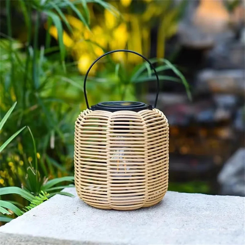 Waterproof Rattan Solar Lantern Solar Powered Bamboo Frame Bamboo Chandelier Lamp Standing/Hanging Weaving Lantern