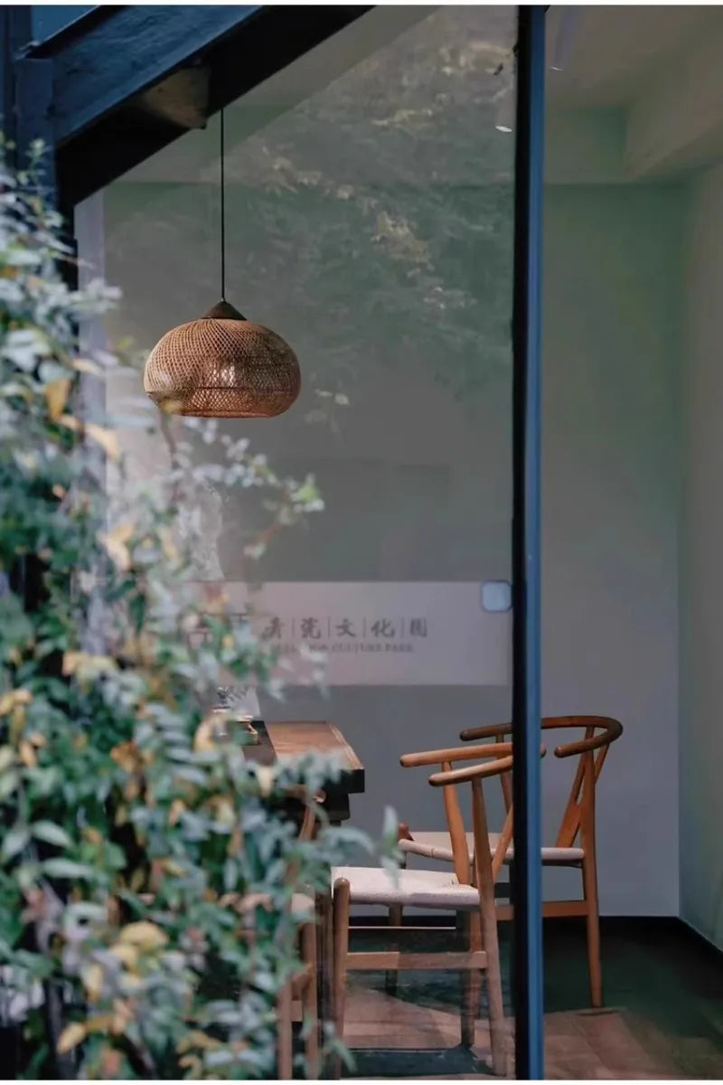 Japanese Wabi-Sabi Rattan Pendant Light - Hand-Woven E27 Boho Lamp for Restaurant Coffee Shop Dining Room Kitchen Island