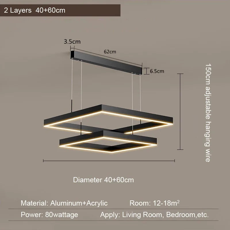2026 LED Square Pendant Light For Dining Room Bedroom Living Room Home Loft Decor Modern Black Aluminum Hanging Lamp