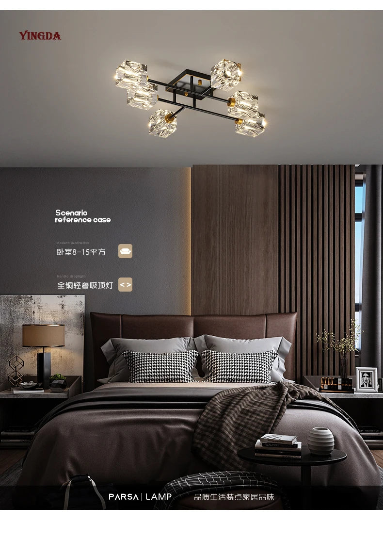 Light Luxury All Copper Living Room Ceiling Lamp, High-end Crystal Lamp, Creative Bedroom Lamp, Minimalist Dining Room Lamp