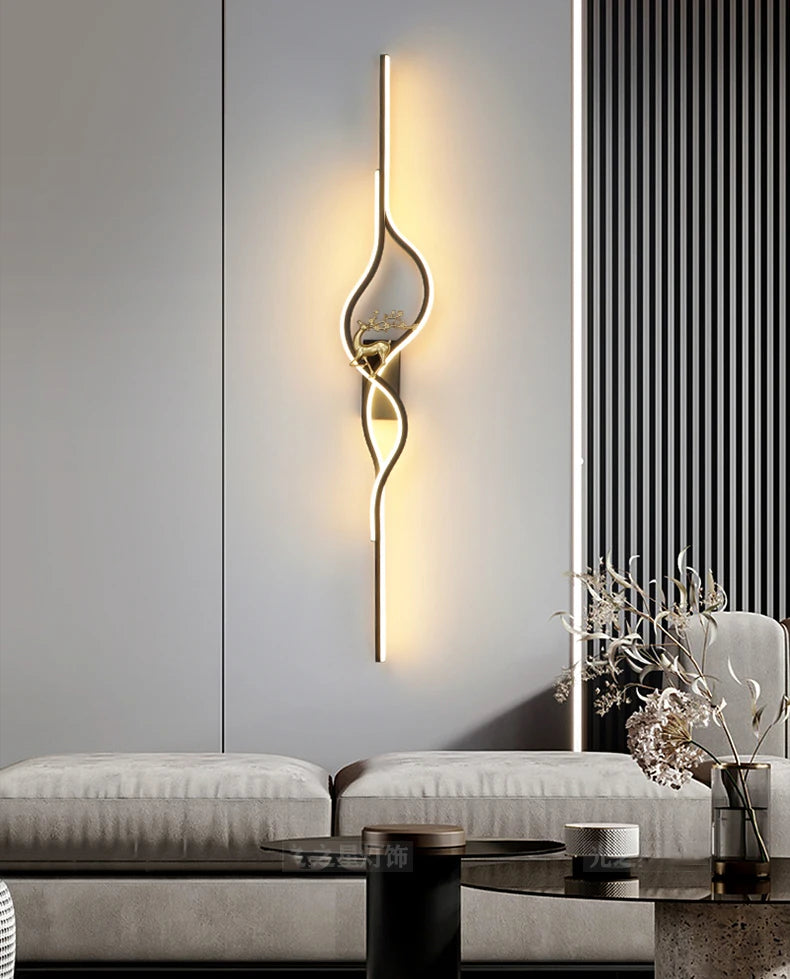 Modern Living Room Long Wall Lights with Anlter Design Gold Black TV Background Decorative Wall Lamp for Bedroom Remote Control