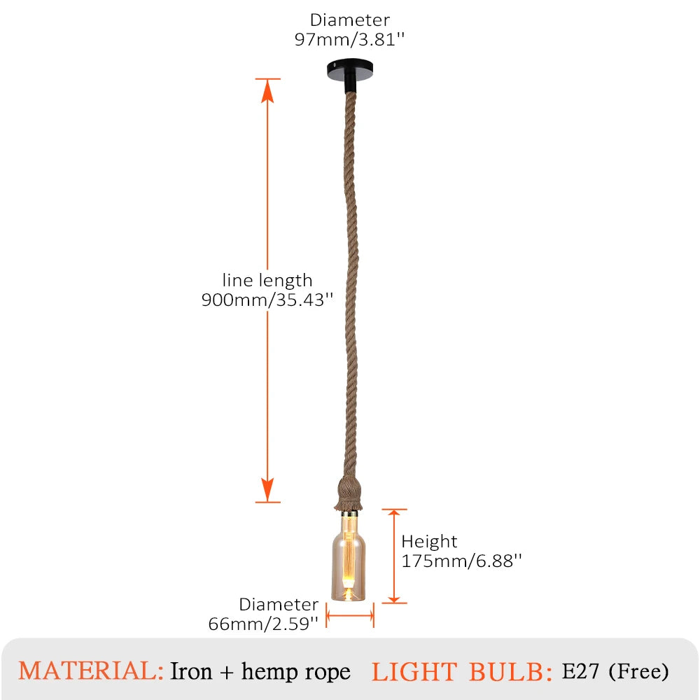 Retro Rustic Hanging Light for Bar Restaurant Decoration Hemp Rope Pendant Light E27 Bulb Glass Lampshade