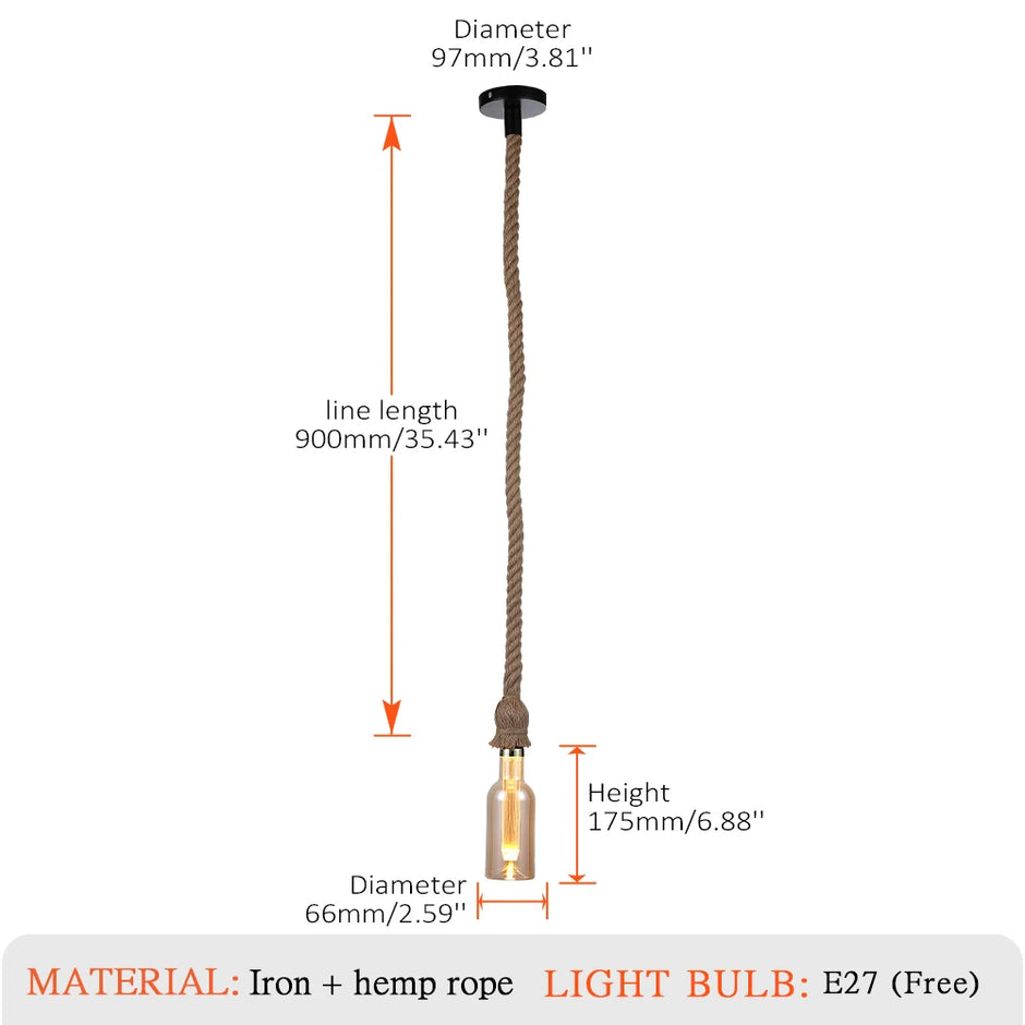 Retro Rustic Hanging Light for Bar Restaurant Decoration Hemp Rope Pendant Light E27 Bulb Glass Lampshade