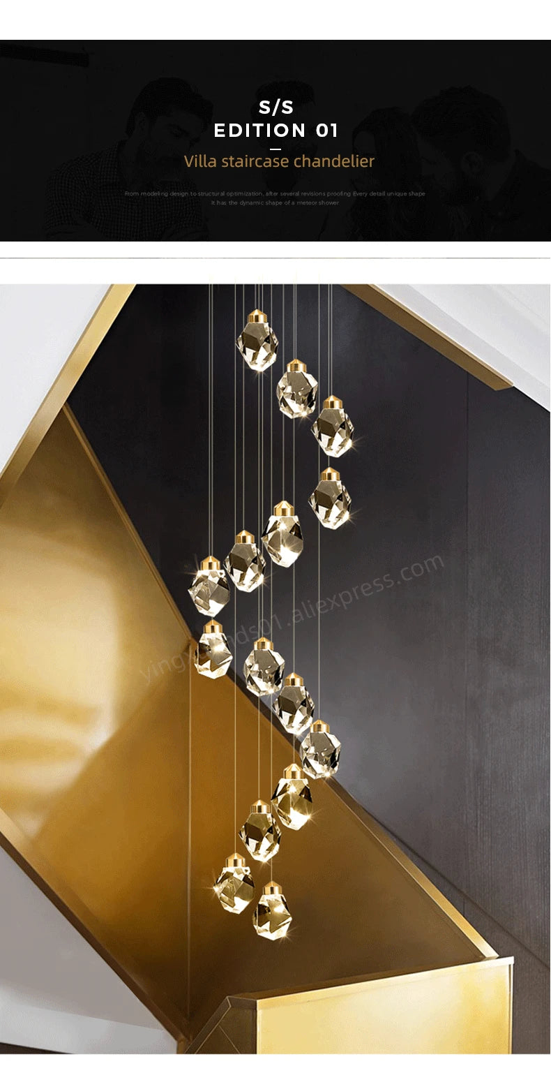 Nordic Crystal Chandelier for Living Room Villa Ceiling Chandeliers Duplex Loft Hanging Lamps Stairscase Suspended Pendant Lamps