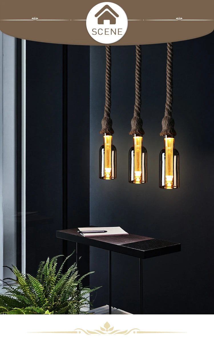 Retro Rustic Hanging Light for Bar Restaurant Decoration Hemp Rope Pendant Light E27 Bulb Glass Lampshade