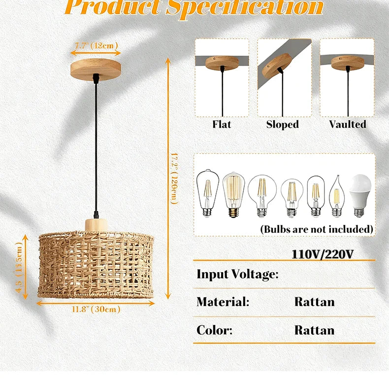 Wicker Rattan Pendant Lamp Teahouse Homestays Decorative Pastoral Retro Pendant Light Kitchen Corridor Bedroom Dining Chandelier