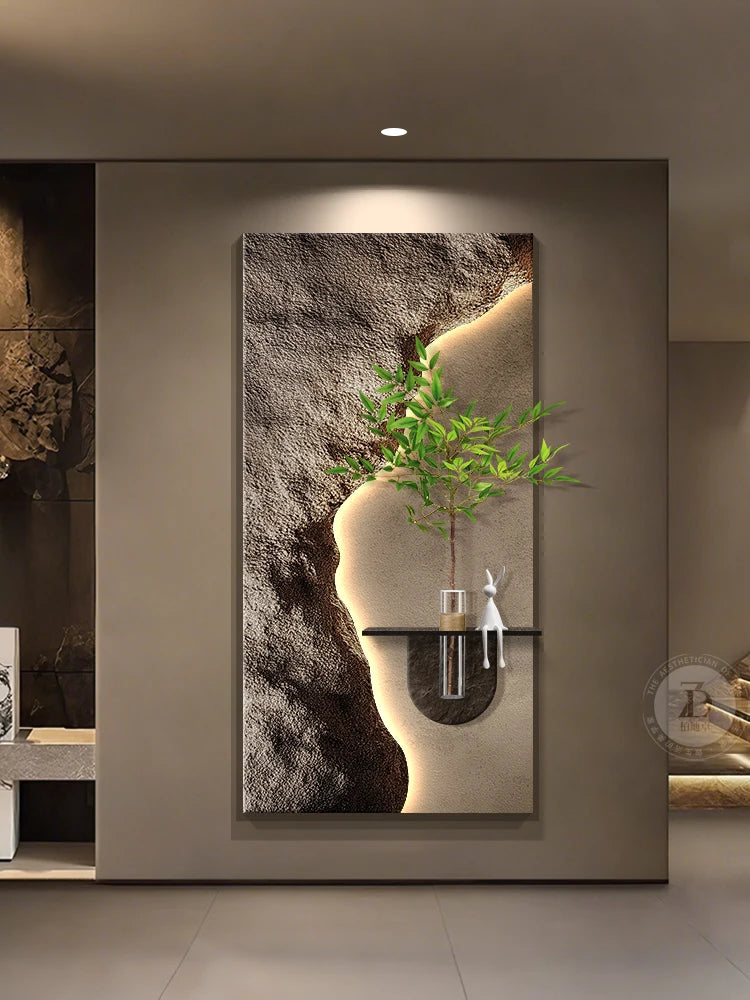 2024 Hydroponic green decorative painting background cream senior living room hanging painting sandstone new LED lights