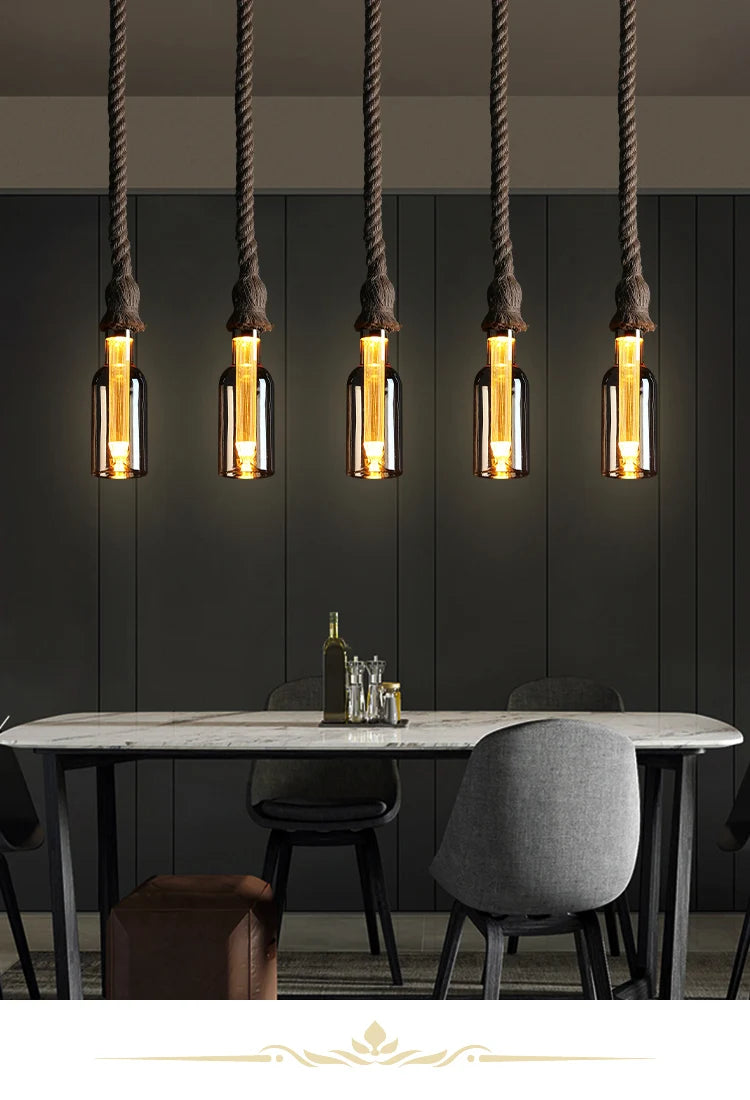 Retro Rustic Hanging Light for Bar Restaurant Decoration Hemp Rope Pendant Light E27 Bulb Glass Lampshade