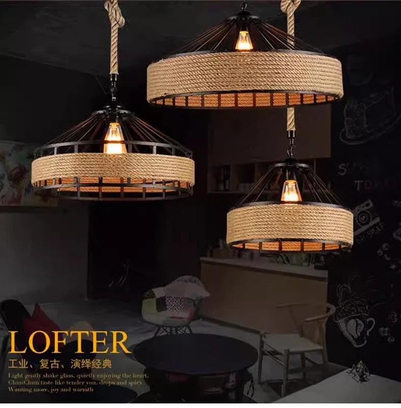 Classical Hemp Rope Pendant Hanging Lamp Lustre for Ceiling Chandelier Classic Retro Antique Industrial Iron Dining Room Light