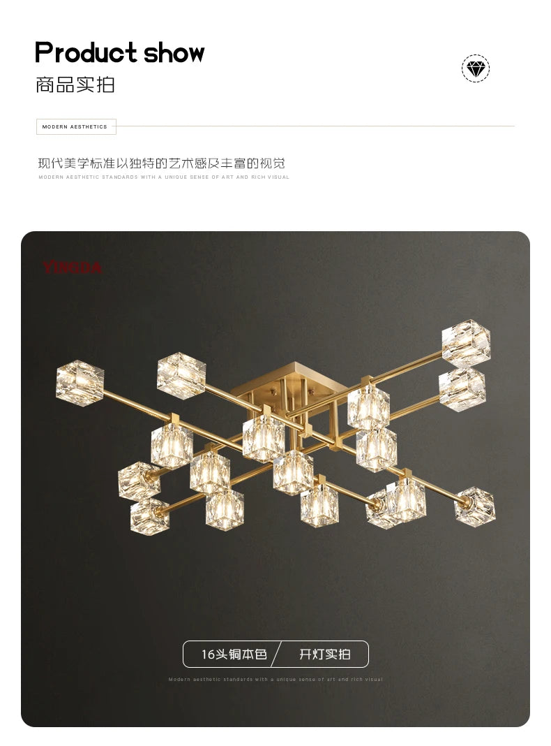 Light Luxury All Copper Living Room Ceiling Lamp, High-end Crystal Lamp, Creative Bedroom Lamp, Minimalist Dining Room Lamp