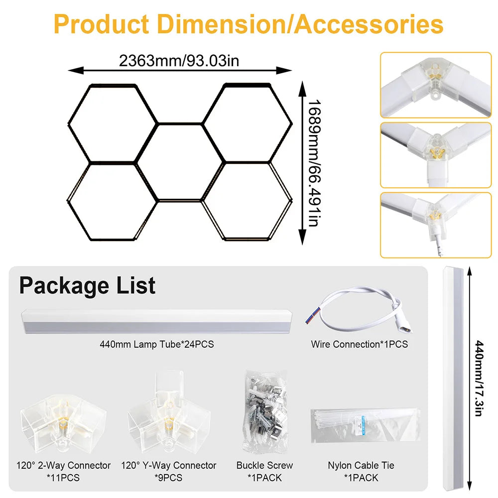 Garage honeycomb hexagonal LED white light super bright 6500K color temperature installed on the ceiling, suitable for garages