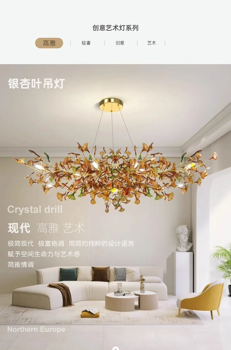 Living room chandelier ginkgo leaf branch lamp duplex floor villa stairs dining room lamp