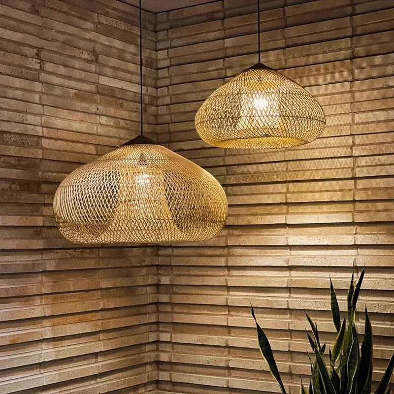 Japanese Wabi-Sabi Rattan Pendant Light - Hand-Woven E27 Boho Lamp for Restaurant Coffee Shop Dining Room Kitchen Island