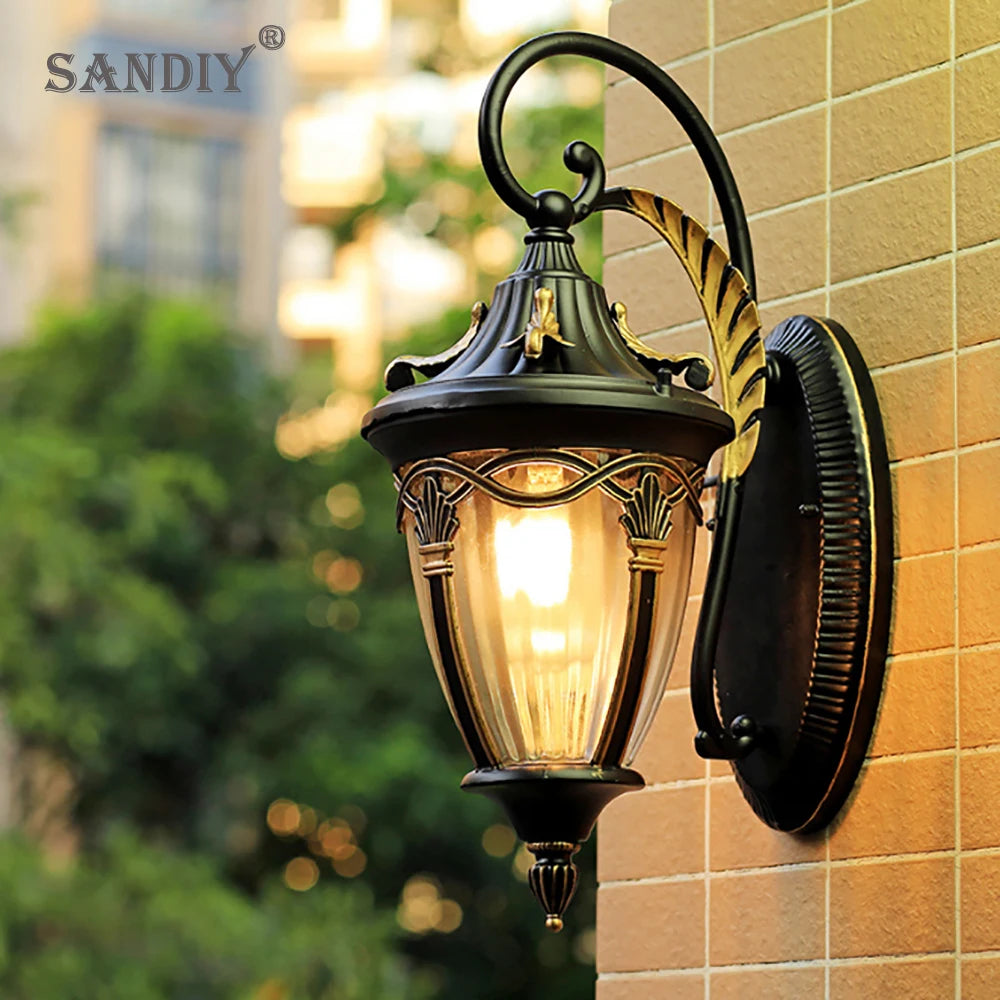 SANDIY Outdoor Wall Lights External Sconce Lamp LED Porch Luminaire Retro Balcony Patio Fence Lighting 220v 110v Glass Latern