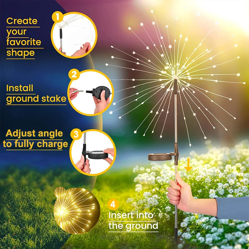 LED Firework Garden Decor Lights Solar Power Waterproof Outdoor Path Solar Lawn Lamp for Villa Patio Balcony Street