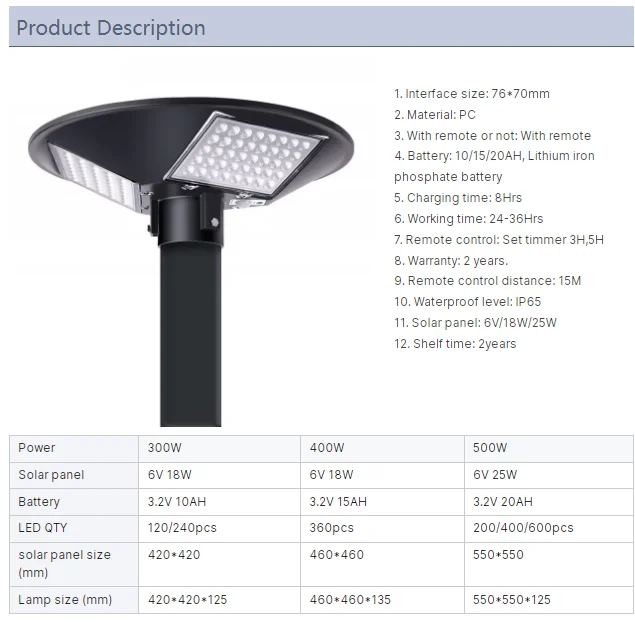 Solar Street Light 300W 400W 500W Waterproof Yard Lamp PIR Motion Sensor Garden Outdoor UFO Lighting with Remote