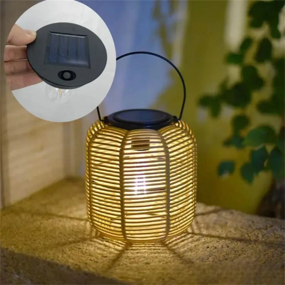 Waterproof Rattan Solar Lantern Solar Powered Bamboo Frame Bamboo Chandelier Lamp Standing/Hanging Weaving Lantern