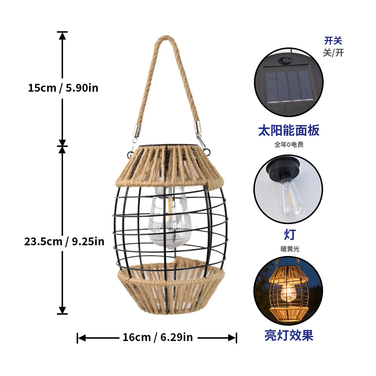 Solar Iron Rattan Outdoor Hanging Lamp Bamboo Pendant Light Warm Ambient Night Glow Garden Patio Balcony Home For Couples