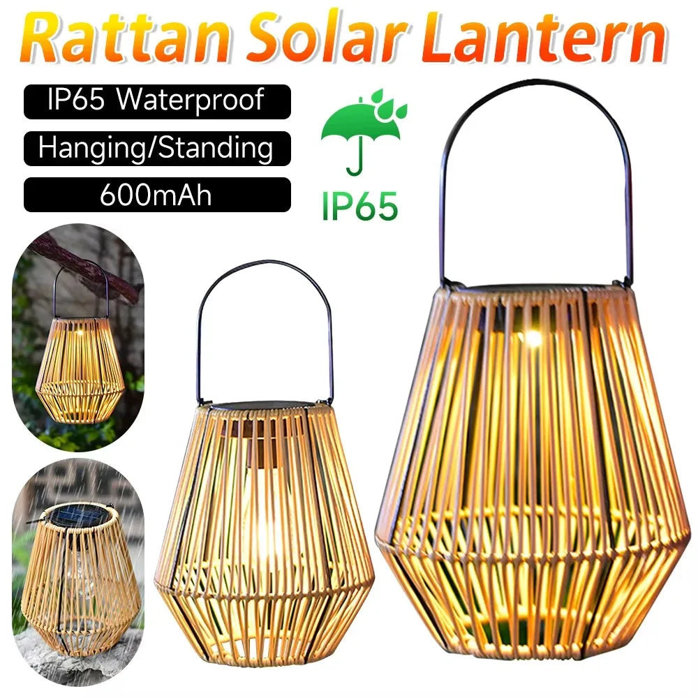 Waterproof Rattan Solar Lantern Solar Powered Bamboo Frame Bamboo Chandelier Lamp Standing/Hanging Weaving Lantern