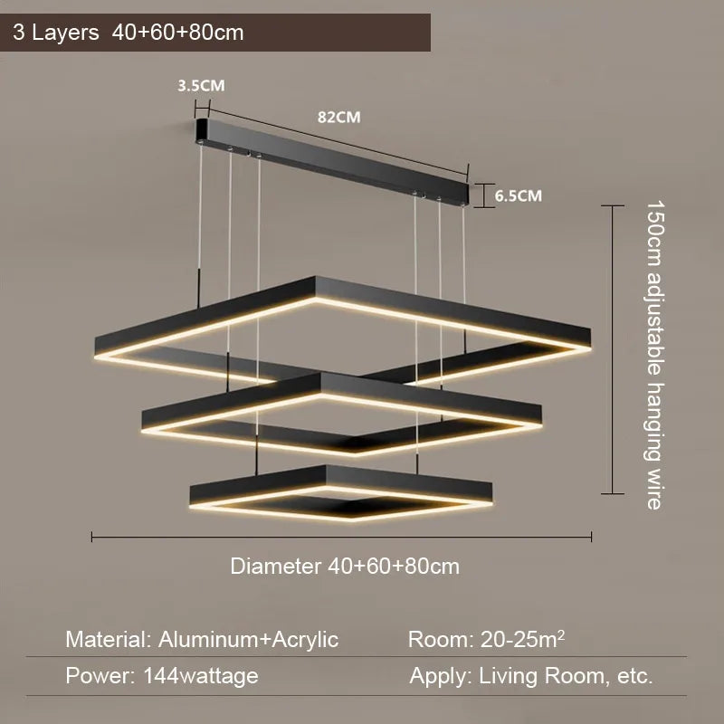 2026 LED Square Pendant Light For Dining Room Bedroom Living Room Home Loft Decor Modern Black Aluminum Hanging Lamp
